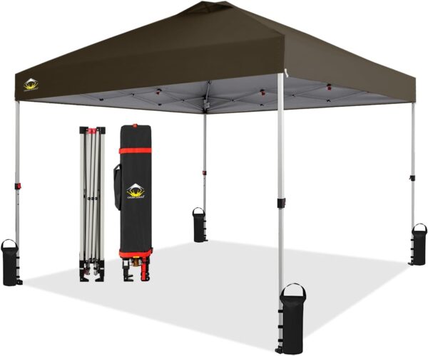 CROWN SHADES 10×10 Pop Up Canopy – Beach Tent with One Push Setup – Easy Outdoor Sun Shade for Events, Parties, Camping – Gazebo with STO-N-Go Cover Bag, Silver Coated Top, White