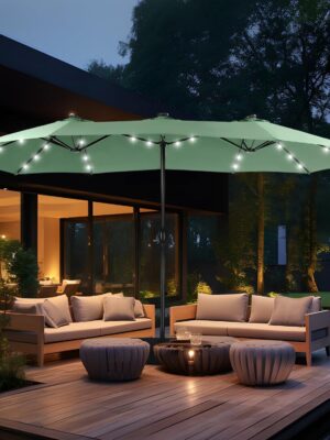 15ft Double Sided Patio Umbrella with Solar Lights, Outdoor Large Umbrellas with Crank Handle and 36 LED Lights, Rectangular Market Umbrella with Base Included for Deck Pool Shade