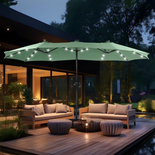 bedf0ee3c5544ac0bda93fa9ba6a1fea 15ft Double Sided Patio Umbrella with Solar Lights, Outdoor Large Umbrellas with Crank Handle and 36 LED Lights, Rectangular Market Umbrella with Base Included for Deck Pool Shade