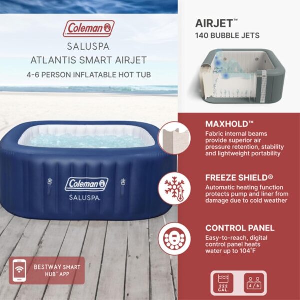 bf35a988f8694a79a8a90f45e304e8fc 4 to 6 Person Inflatable Hot Tub Square Portable Outdoor Spa with 114 Soothing AirJets and Insulated Cover, Gray-Coleman