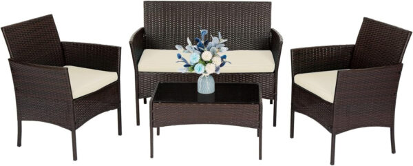 Patio Furniture Set 4 Pieces Outdoor Rattan Chair Wicker Sofa Garden Conversation Bistro Sets for Yard (Brown)