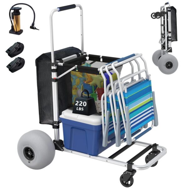 GDLF Foldable Beach Cart with Adjustable Handle and 12′′ Balloon Wheels, Heavy Duty Aluminum 220LBS Capacity