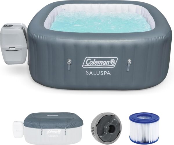 c01ea7194d0c4d0f988653dcad950e71 4 to 6 Person Inflatable Hot Tub Square Portable Outdoor Spa with 114 Soothing AirJets and Insulated Cover, Gray-Coleman