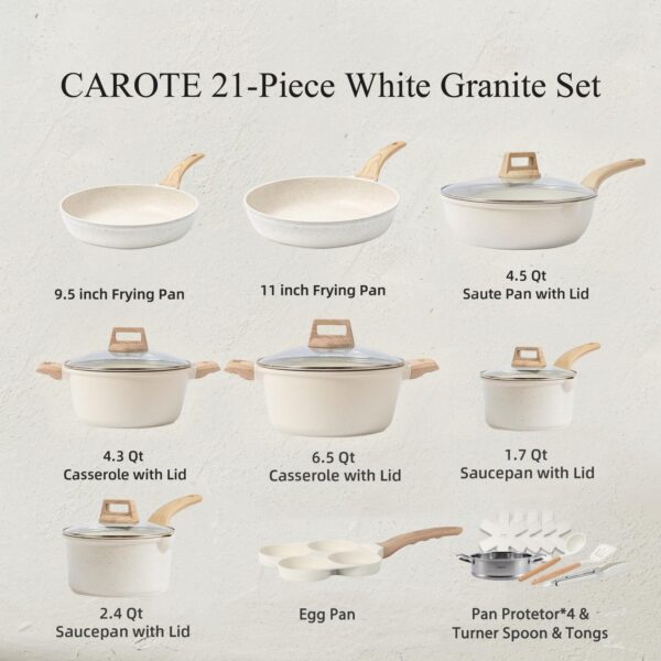 CAROTE 21Pcs Pots and Pans Set, Nonstick Cookware Sets, White Granite Induction Cookware Non Stick Cooking Set
