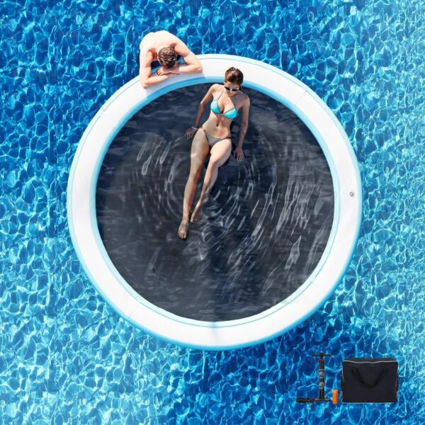 c05724bc56cf499db69fcef4cb44df90 Round Inflatable Floating Dock, Sunchill Float Ring, Hammock Tanning Pool with 4in Woven Fabric, Manual Pump for 1-2 Min Quick Inflate/Deflate, Fits 2-8, Ideal for Lakes, Pools, Oceans