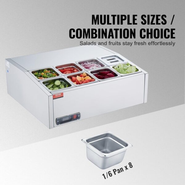 c097f0330bc4459584cab5babc1e9b49 Refrigerated Condiment Prep Station, 135 W Countertop Refrigerated Condiment Station, with 2 1/3 Pans & 4 1/6 Pans, 304 Stainless Body and PC Lid, Sandwich Prep Table with Stainless Guard, ETL