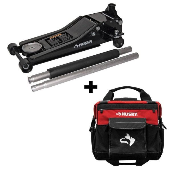 c0f314fd9fca45f587598b4131da2831 Husky HD0012065014-BD 3-Ton Low Profile Floor Jack with Quick Lift with 14 in. 13 Pocket Rolling Tool Bag