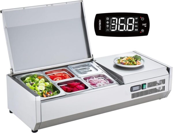 c1eea2a75845425bbadade94e06c2316 Refrigerated Condiment Prep Station, 135 W Countertop Refrigerated Condiment Station, with 2 1/3 Pans & 4 1/6 Pans, 304 Stainless Body and PC Lid, Sandwich Prep Table with Stainless Guard, ETL