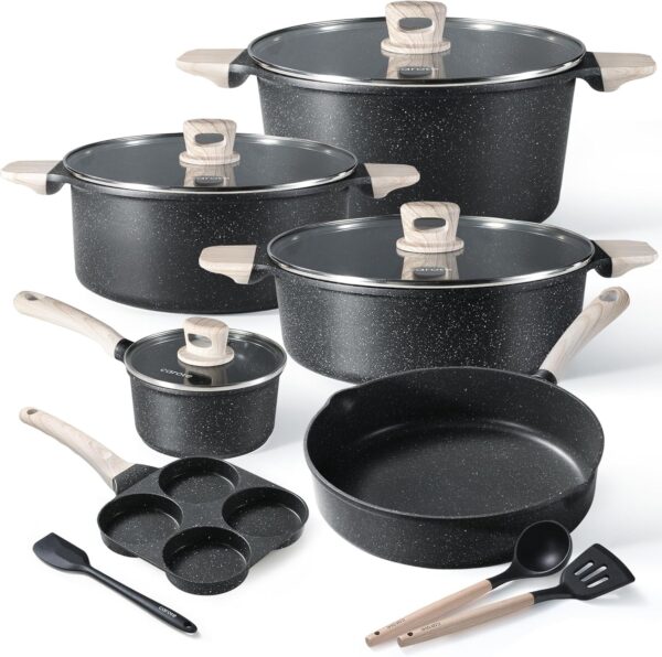 22pcs Pots and Pans Set Nonstick, Cookware Set White Granite Induction Kitchen Cooking Set w/Frying Pans & Saucepans& Grill Pan(PFOS, PFOA Free)