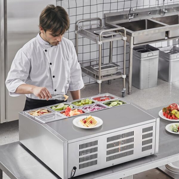 c26da6b3102e42408b27912eabec2159 Refrigerated Condiment Prep Station, 135 W Countertop Refrigerated Condiment Station, with 2 1/3 Pans & 4 1/6 Pans, 304 Stainless Body and PC Lid, Sandwich Prep Table with Stainless Guard, ETL