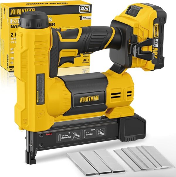Alloyman 18-Gauge Cordless Brad Nailer & Stapler – 2-in-1 Electric Nail Gun with Battery, Charger, Nails & Staples