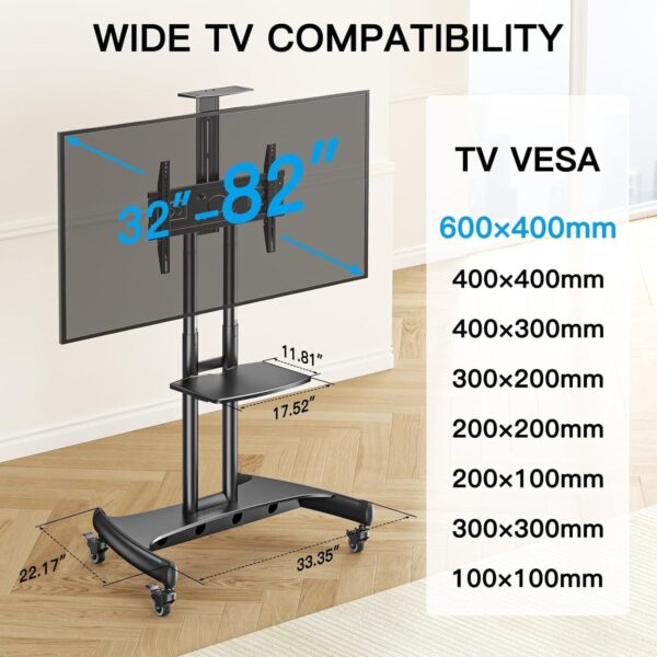 Rolling/Mobile TV Cart with Wheels for 32-82 Inch LCD LED 4K Flat Screen TVs – TV Floor Stand with Shelf Holds Up to 100 lbs, Height Adjustable Trolley Max VESA 600x400mm- PSTVMC05
