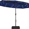 15 ft Large Patio Umbrella with Solar Lights Double-Sided Outdoor Rectangle Market Umbrellas with 36 LED Lights/Base Included/Easy Crank for Patio Garden Yard Pool Lawn, Brown