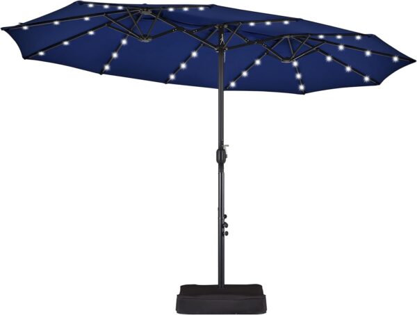 c345dcc246fc43b191672c0f8d52313b 15 ft Large Patio Umbrella with Solar Lights Double-Sided Outdoor Rectangle Market Umbrellas with 36 LED Lights/Base Included/Easy Crank for Patio Garden Yard Pool Lawn, Brown