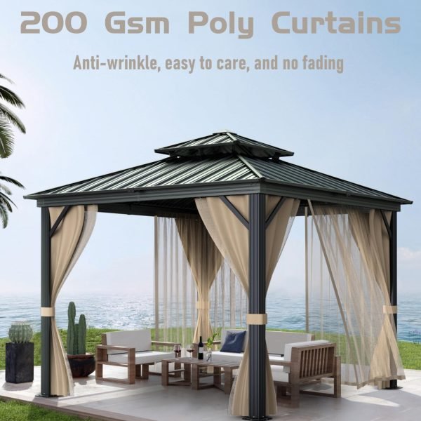 c3990e62e1984632b532e81204a3889f 10’x10′ Hardtop Gazebo with double metal roof, aluminum frame, net, and curtain. All-weather, ideal for patio, deck, garden, backyard. Khaki.