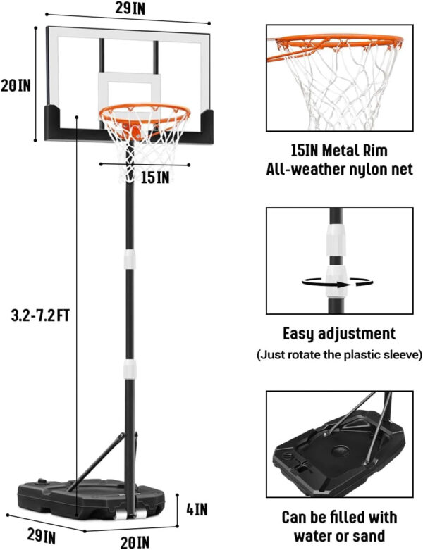 Kids Basketball Hoop Outdoor 3.2-7.2ft Adjustable, Portable Basketball Hoop & Goals for Kids/Teens/Youth in Pool/Backyard/Driveway/Indoor, 29 Inch Shatterproof Backboard and Enlarged Base