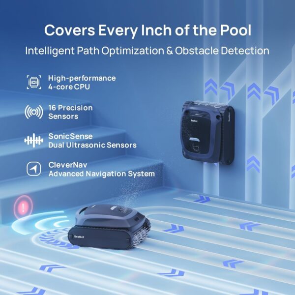 Beatbot AquaSense 2 Cordless Robotic Pool Vacuum Cleaner, Smart Surface Parking, Double-Pass Waterline Scrubbing, Cleans Floor, Walls, and Waterline, Above & In-Ground Pools up to 3,230 sq.ft – Blue