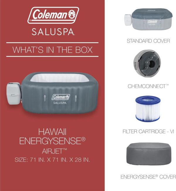 c4fd159d0835444ca6ddd1f172de5cc8 4 to 6 Person Inflatable Hot Tub Square Portable Outdoor Spa with 114 Soothing AirJets and Insulated Cover, Gray-Coleman