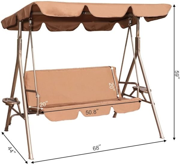 GOLDSUN Durable Outdoor 2-Seat Swing with Teapoy Weather Resistant Canopy Powder Coated Steel Frame Swinging Hammock with Removable Cushion for Patio, Balcony,Garden, Porch,Deck and Poolside(Coffee)( BGSW-817)