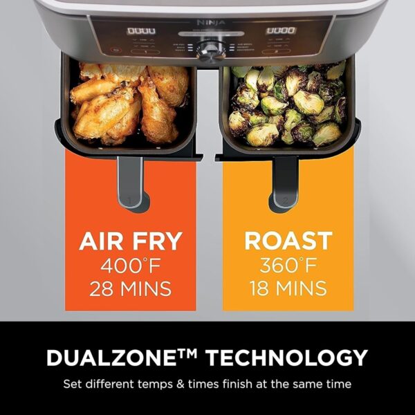 c604e163726d4a40824b1b605c691799 DZ401 Foodi 10 Quart 6-in-1 DualZone XL 2-Basket Air Fryer with 2 Independent Frying Baskets, Match Cook & Smart Finish to Roast, Broil, Dehydrate for Quick, Easy Family-Sized Meals, Grey