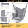 Y- Stop Hammock Chair Hanging Rope Swing, Max 500 Lbs, 2 Cushions Included, Large Macrame Hanging Chair with Pocket for Superior Comfort, with Hardware Kit (Beige)