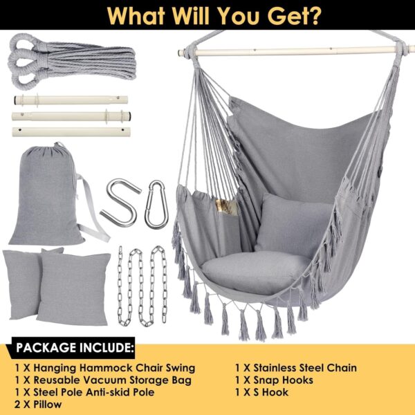 c639d57b147045cc9483b56223648ee9 Y- Stop Hammock Chair Hanging Rope Swing, Max 500 Lbs, 2 Cushions Included, Large Macrame Hanging Chair with Pocket for Superior Comfort, with Hardware Kit (Beige)