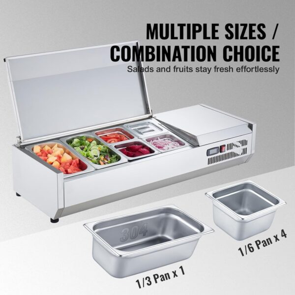 c68a3ebaa7bc4af689202214290de142 Refrigerated Condiment Prep Station, 135 W Countertop Refrigerated Condiment Station, with 2 1/3 Pans & 4 1/6 Pans, 304 Stainless Body and PC Lid, Sandwich Prep Table with Stainless Guard, ETL