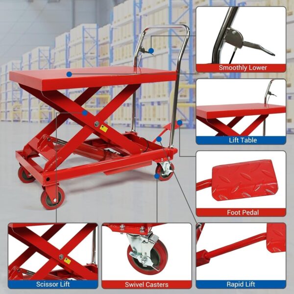 500LBS Hydraulic Lift Table Cart, 30′′ Lifting Height., Double Scissor Lift Table with 4 Wheels and Non-Slip Pad, Hydraulic Scissor Lift Table for Material Handling and Transportation