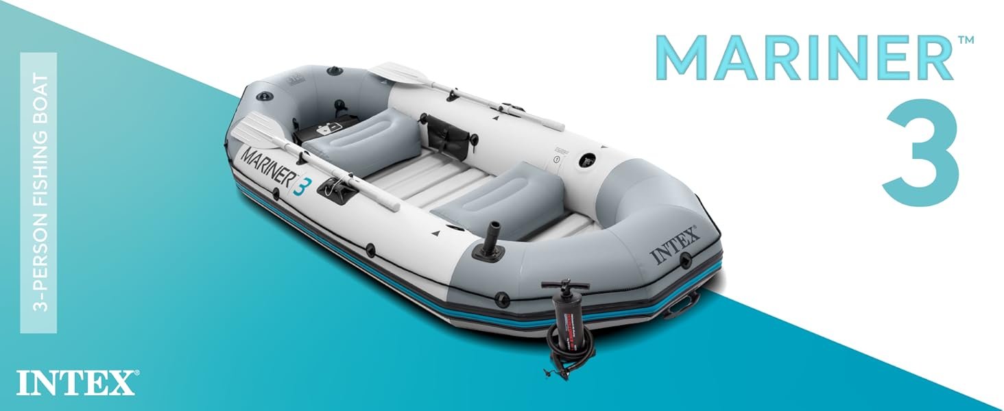 An Intex Mariner 3 inflatable boat on calm water, highlighting its durable design for three.