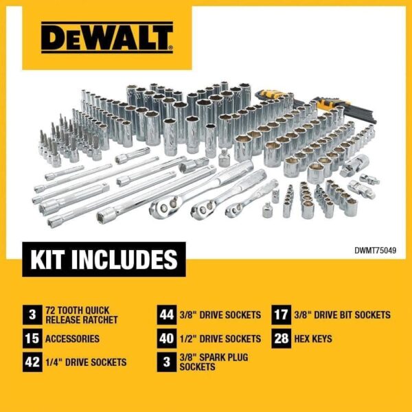 c6ebbc56730d407ca68e63a7121347fb DEWALT Mechanics Tool Set, SAE and Metric, 1/2, 1/4, 3/8 Drive Sizes, 192-Piece (DWMT75049)