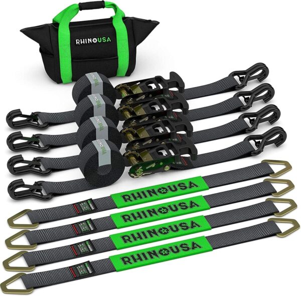 c7ad811a7d4441578302d16093255c91 Car Tie Down Straps for Trailers with J Hooks (4-Pack) – 2 Inch x 8 Feet (10,000lb Break Strength) – Heavy Duty T-Handle Car Hauler Tire Straps for Trailer & UTV with Axle Straps – Black