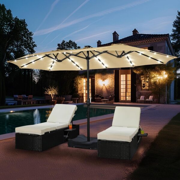 c87c19dabed84a7ea16bcbab7fc6cee6 15 ft Large Patio Umbrella with Solar Lights Double-Sided Outdoor Rectangle Market Umbrellas with 36 LED Lights/Base Included/Easy Crank for Patio Garden Yard Pool Lawn, Brown