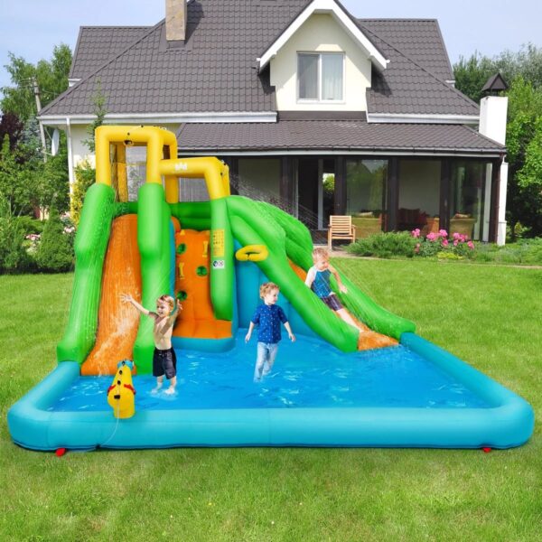 c8860b853af842ee9a35b6a47f5a0599 Inflatable Water Park Bounce House w/Climbing Wall Two Slides and Splash Pool