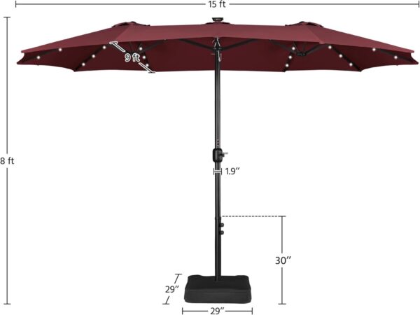 c8f67f59bf964e8b888108607cc0153a 15 ft Large Patio Umbrella with Solar Lights Double-Sided Outdoor Rectangle Market Umbrellas with 36 LED Lights/Base Included/Easy Crank for Patio Garden Yard Pool Lawn, Brown
