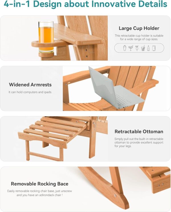 c92b6fe92c1d4f0598ea7ee10706270a Folding Adirondack Rocking Chair,4-in-1 Multifunctional Patio Chair with Retractable Ottoman, Outdoor Chair Wood Texture, Lawn Chair for Porch, Backyard, Pool(Grey)