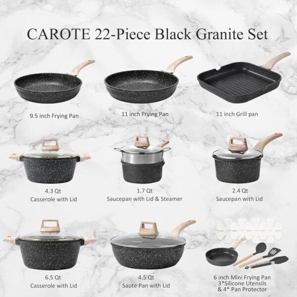 22pcs Pots and Pans Set Nonstick, Cookware Set White Granite Induction Kitchen Cooking Set w/Frying Pans & Saucepans& Grill Pan(PFOS, PFOA Free)