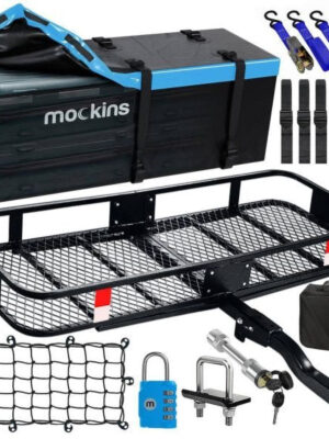 Mockins NA-26 500 lbs. Capacity Hitch Mount Cargo Carrier Set with Folding Shank and 2 in. Raise, Cargo Bag, Net, Straps, Locks Blue