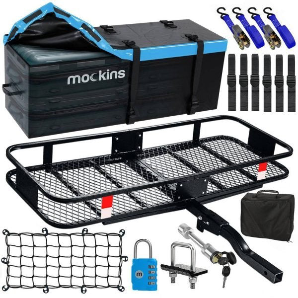 c9992887ffa24095847c211e6ed82444 Mockins NA-26 500 lbs. Capacity Hitch Mount Cargo Carrier Set with Folding Shank and 2 in. Raise, Cargo Bag, Net, Straps, Locks Blue