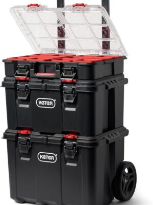 Keter Stack-n-Roll Modular Tools Organizer for Garage Storage and DIY, 3 Piece Resin Rolling Tool Box System for Small Parts