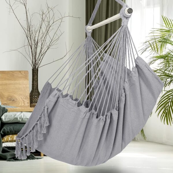 c9c10180883540d28f0ef24eef0db1e9 Y- Stop Hammock Chair Hanging Rope Swing, Max 500 Lbs, 2 Cushions Included, Large Macrame Hanging Chair with Pocket for Superior Comfort, with Hardware Kit (Beige)