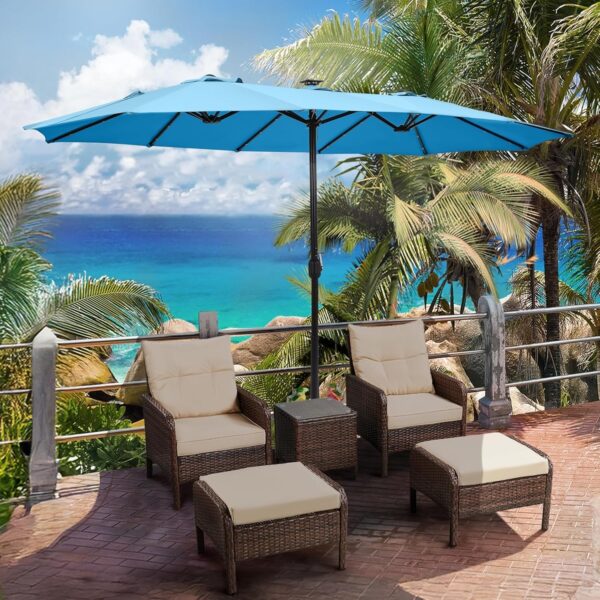 c9e1b39448f54e2ab6b4a7d4779d05c0 15 ft Large Patio Umbrella with Solar Lights Double-Sided Outdoor Rectangle Market Umbrellas with 36 LED Lights/Base Included/Easy Crank for Patio Garden Yard Pool Lawn, Brown