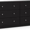 3-Pc Scandinavian Design Engineered Wood Bedroom Furniture Set with 3-Drawer Chest & 6-Drawer Double Dresser & 1-Drawer Nightstand, Pewter Plastic Handles, Smooth Plastic Glides, in Black