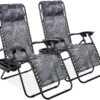 set of 2 adjustable steel mesh zero gravity lounge chair recliners w pillows and cup holder trays