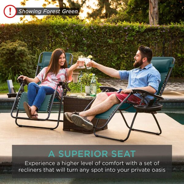 ca5f70f186e340dbba9c49d71c02e387 set of 2 adjustable steel mesh zero gravity lounge chair recliners w pillows and cup holder trays