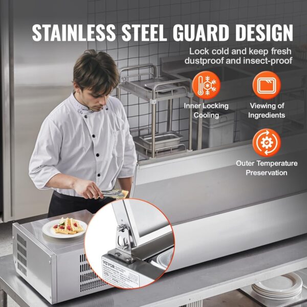 ca94dc9cf1bf45dcaab383ec077365e5 Refrigerated Condiment Prep Station, 135 W Countertop Refrigerated Condiment Station, with 2 1/3 Pans & 4 1/6 Pans, 304 Stainless Body and PC Lid, Sandwich Prep Table with Stainless Guard, ETL