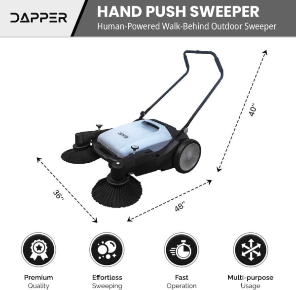 cb3978fb77554b8eb80c6a23cc3132ab Walk-Behind Outdoor Hand Push Floor Sweeper – 5.25 Gallon Capacity – 25.5′′ Sweeping Width – Sweeps up to 27,900 ft2 / Hour, Grey