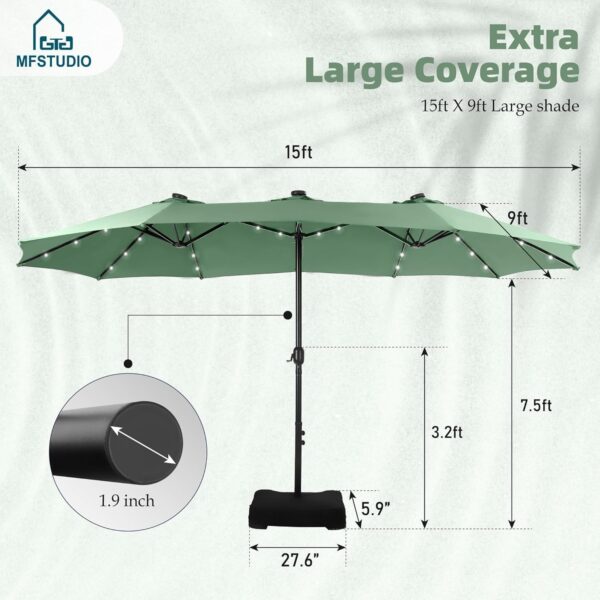 cb3df01055f74fcaa2e46216d6caf30c 15ft Double Sided Patio Umbrella with Solar Lights, Outdoor Large Umbrellas with Crank Handle and 36 LED Lights, Rectangular Market Umbrella with Base Included for Deck Pool Shade