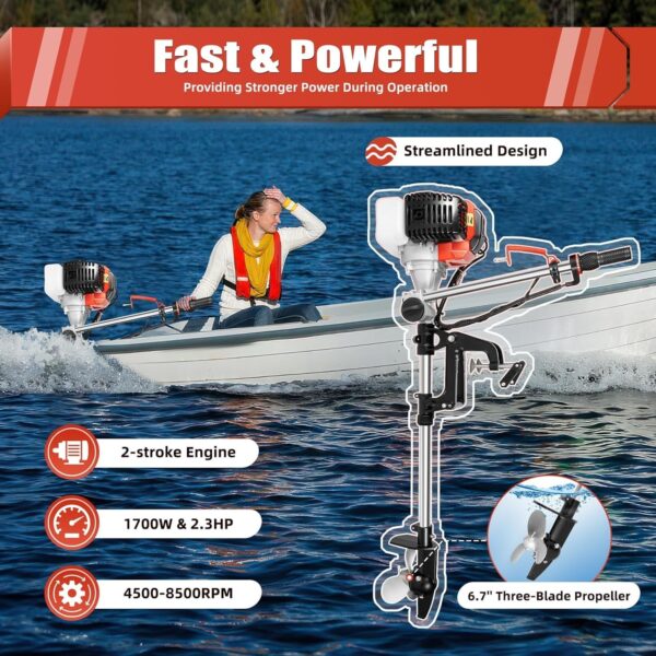 cb9907e418d14464894312daef8be481 2.3HP 2 Stroke Outboard Motor, 52cc Marine Boat Motor with Air Cooling System, Manual Pull Start for Fishing Boats Water Motor Tools, CDI Ignition System, 3-Blade Propeller, Anti-Vortex Baffle