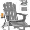 Folding Adirondack Rocking Chair,4-in-1 Multifunctional Patio Chair with Retractable Ottoman, Outdoor Chair Wood Texture, Lawn Chair for Porch, Backyard, Pool(Grey)