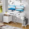 Furologee Computer Desk with Drawer and Power Outlets, 47′′ Office Desk with 2 Monitor Stands and Fabric File Cabinet, Writing Gaming Table with Shelves and 2 Hooks for Home Office, Rustic Brown